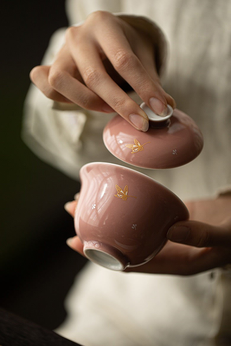 Red Bean Ceramic Lid Bowl, kung fu tea set 130ml