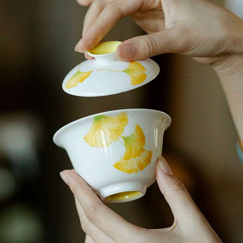 Hand-painted Ginkgo Leaf Ceramic Lidded Gongfu Tea Bowl Gaiwan 130ml