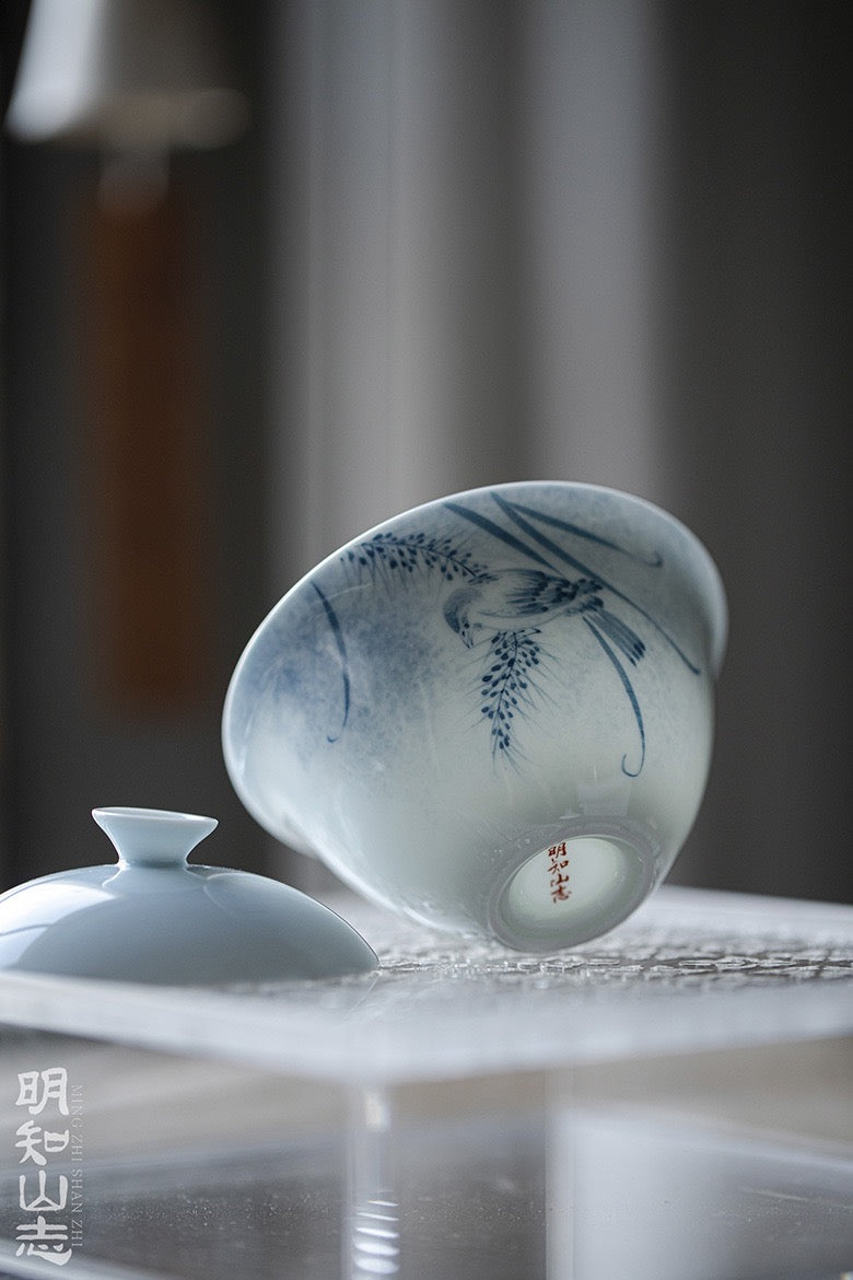Covered bowl, hand-painted flower and bird pottery Gaiwan 120ml
