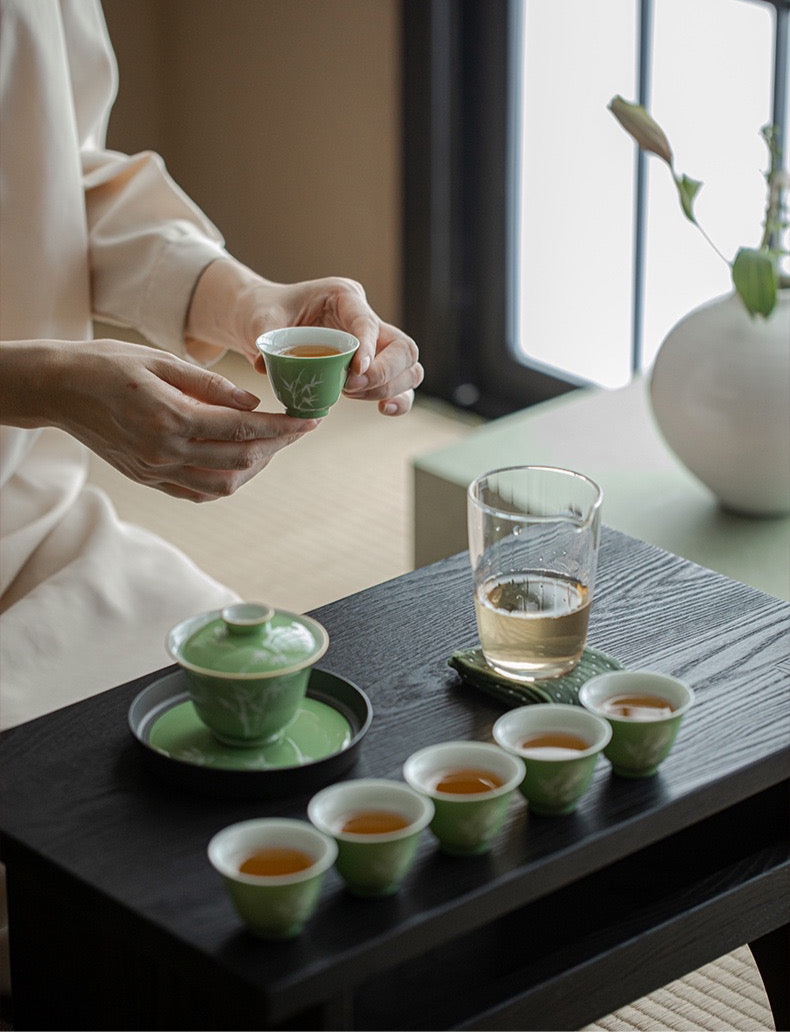 Under-glazed colourful hand-painted bamboo tea set