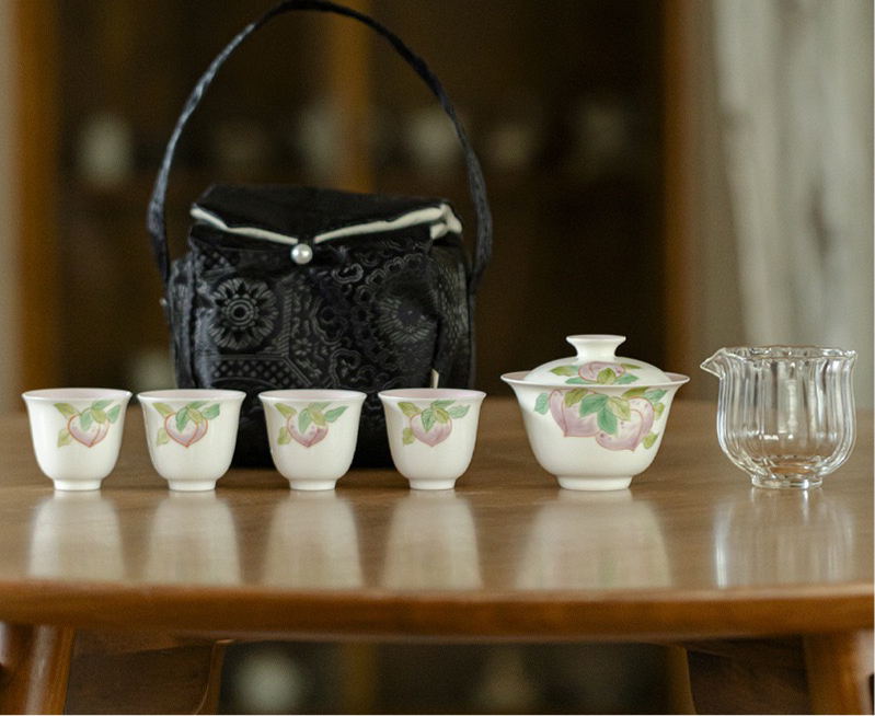 Portable Travel Tea Set Hand Painting Peach Design