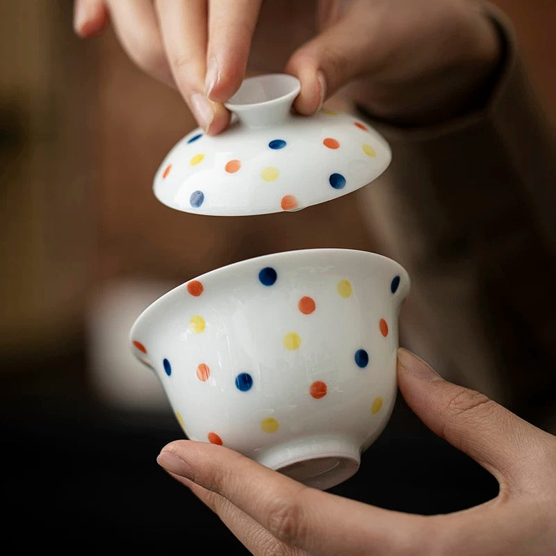 Jade Clay White Porcelain Hand-Painted Polka Dot Ceramic Lidded Tea Bowl 120ml Gaiwan