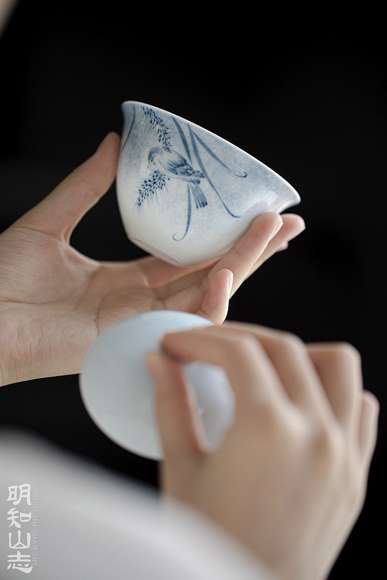 Covered bowl, hand-painted flower and bird pottery Gaiwan 120ml