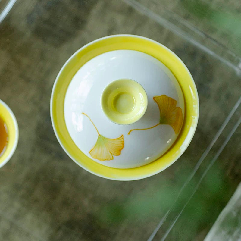 Hand-painted Ginkgo Leaf Ceramic Lidded Gongfu Tea Bowl Gaiwan 130ml