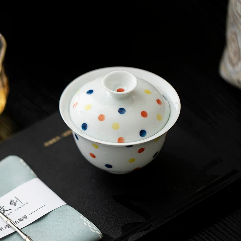 Jade Clay White Porcelain Hand-Painted Polka Dot Ceramic Lidded Tea Bowl 120ml Gaiwan