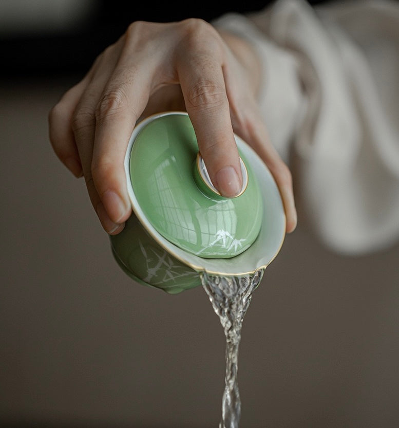 Under-glazed colourful hand-painted bamboo tea set