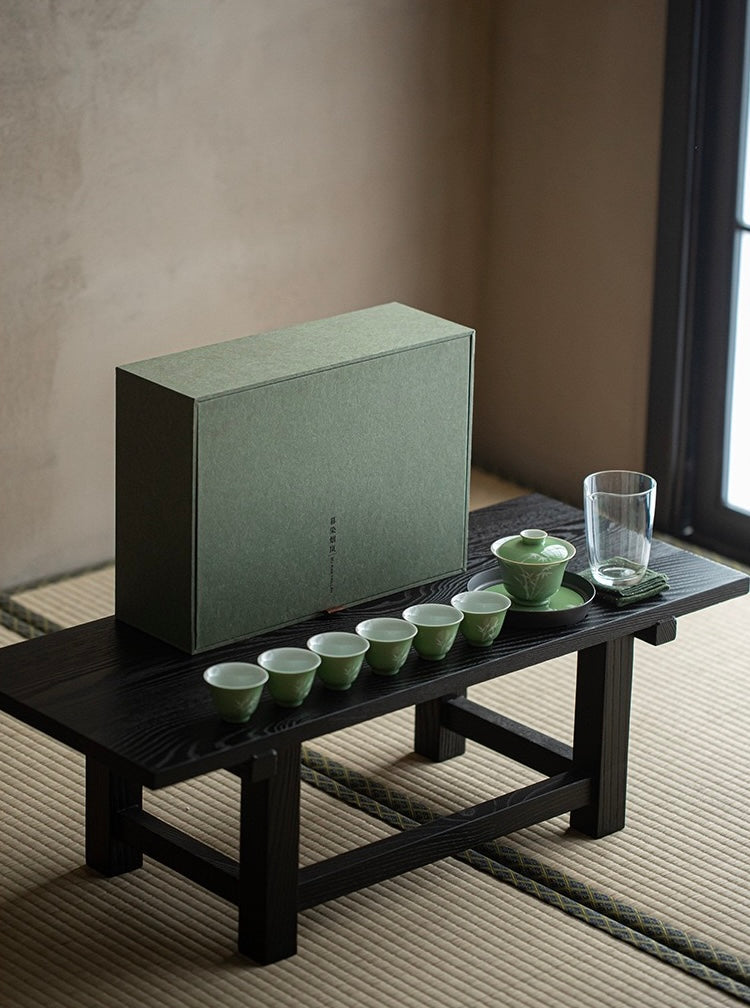 Under-glazed colourful hand-painted bamboo tea set