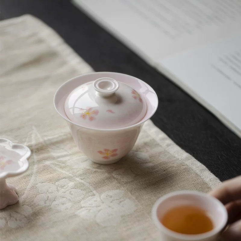 Hand-painted Cherry Blossom Ceramic Lidded Gongfu Tea Bowl 110ml Gaiwan
