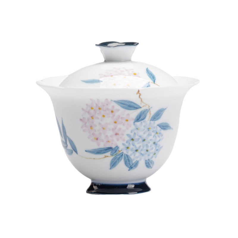 White porcelain hand-painted pastel hydrangea ceramic lid bowl Gaiwan 135ml