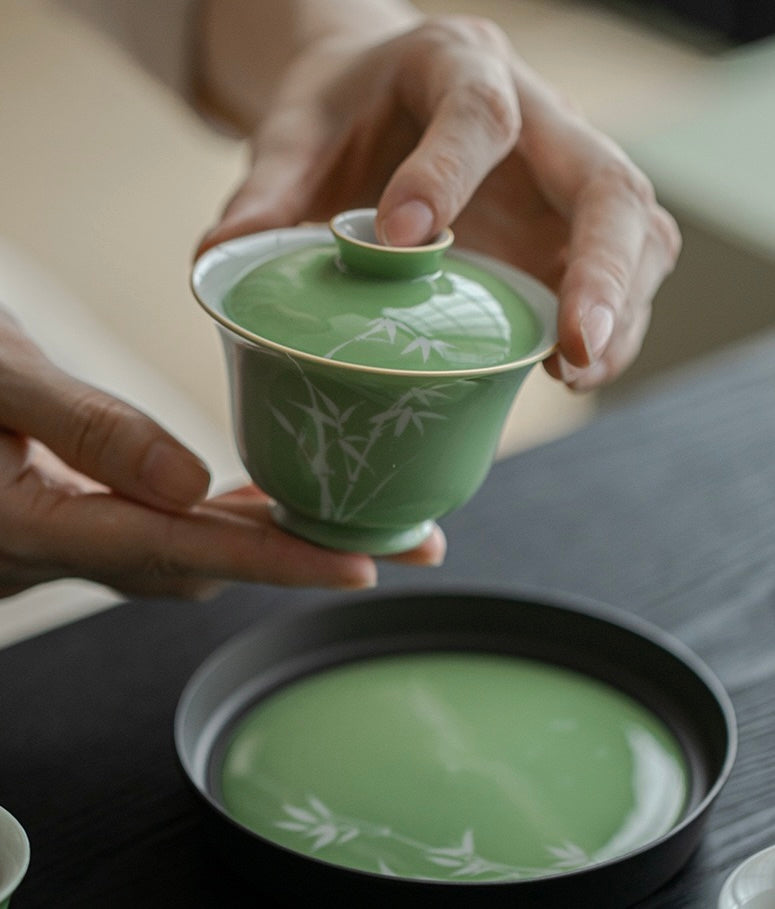 Under-glazed colourful hand-painted bamboo tea set