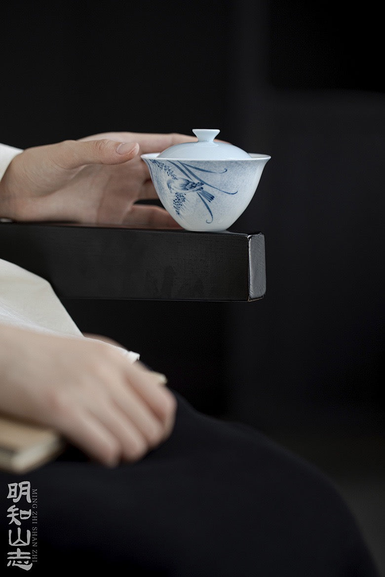 Covered bowl, hand-painted flower and bird pottery Gaiwan 120ml