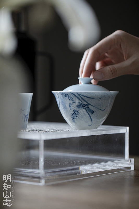 Covered bowl, hand-painted flower and bird pottery Gaiwan 120ml