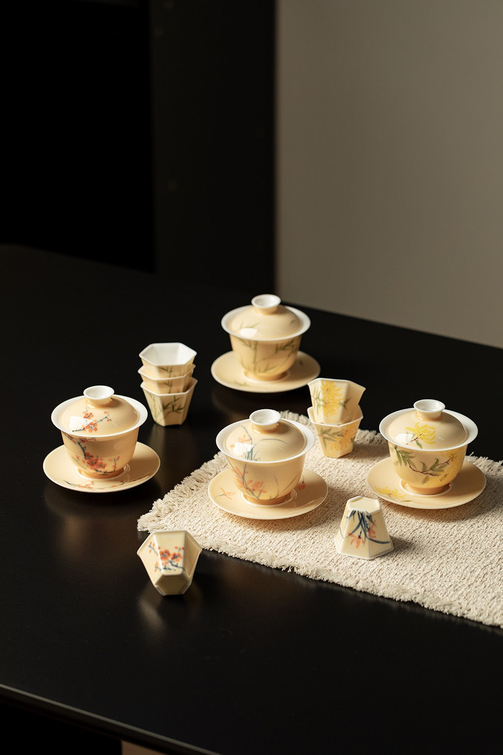 Hand-painted  Plum, Orchid, Bamboo, Chrysanthemum cover bowl with 2 teacups