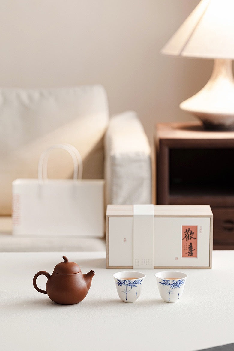 Tea set, Purple sand teapot, hand-painted blue bamboo tea cups