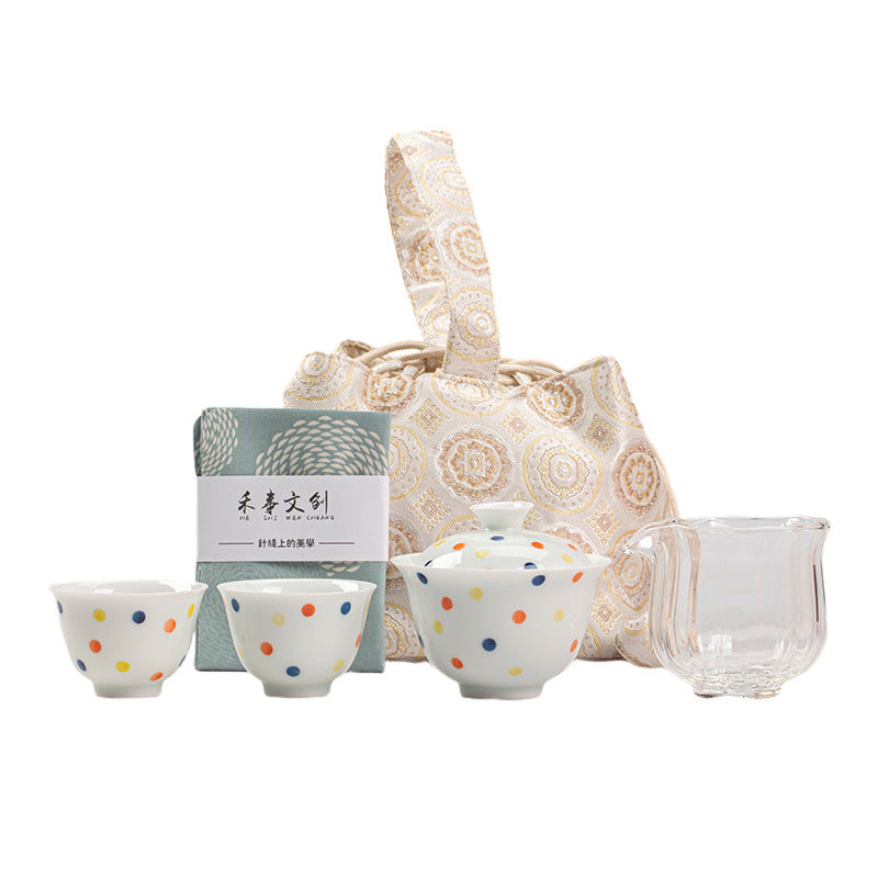 Painted polka - dot gaiwan and two cups, a set of gongfu tea set for outdoor travel