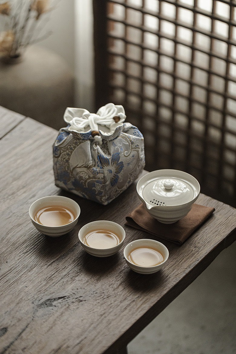 Grass and wood gray clay hand-grabbing bowl, Three cups of travel tea set