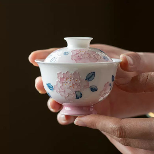 Colourful hand-painted peony lid bowl Gaiwan 90ml