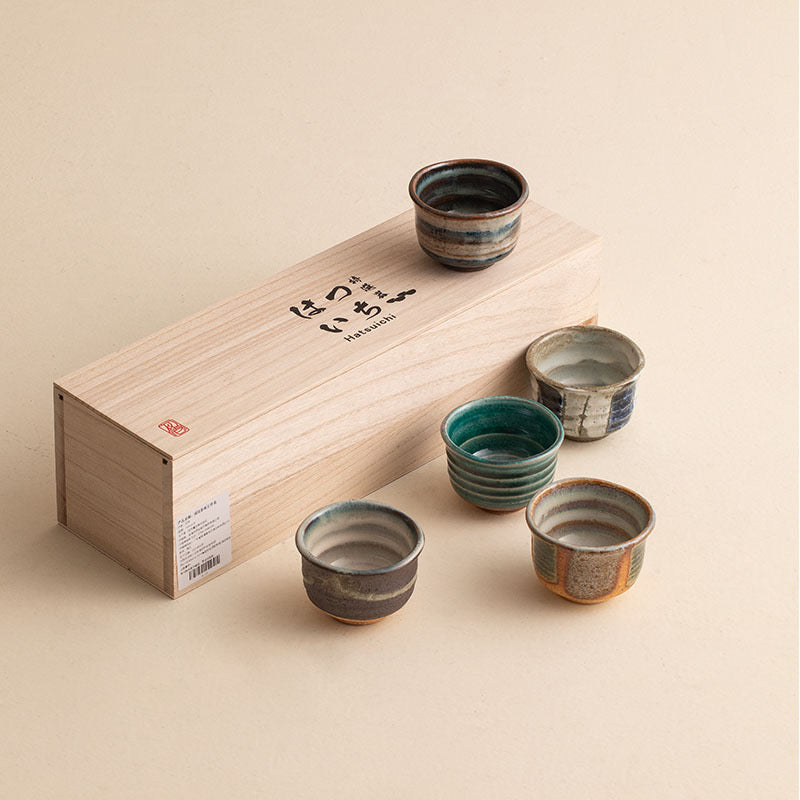 Japan Mino-yaki ceramics tea cup five Set wooden box set tea set gift 80ml