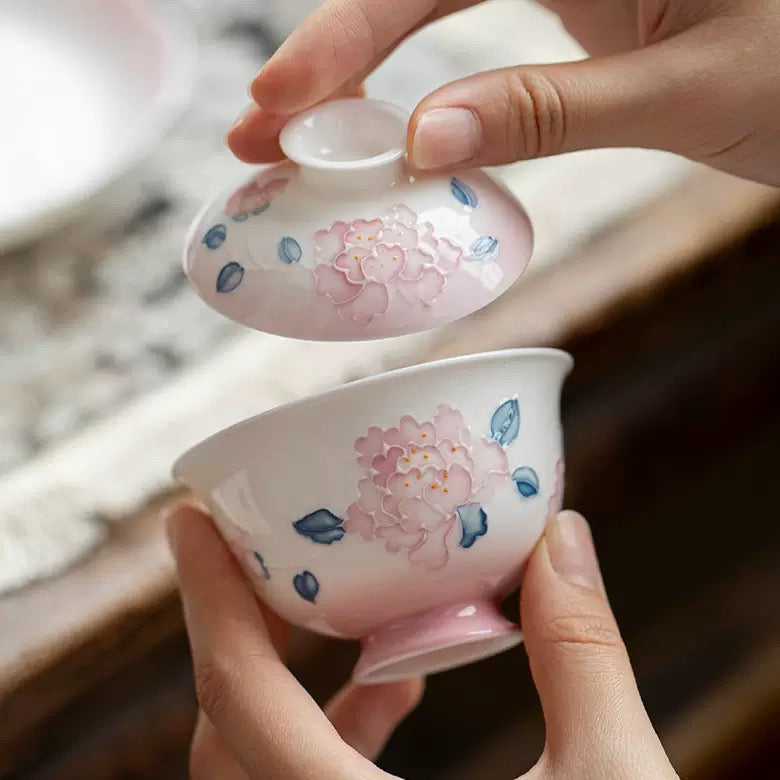 Colourful hand-painted peony lid bowl Gaiwan 90ml