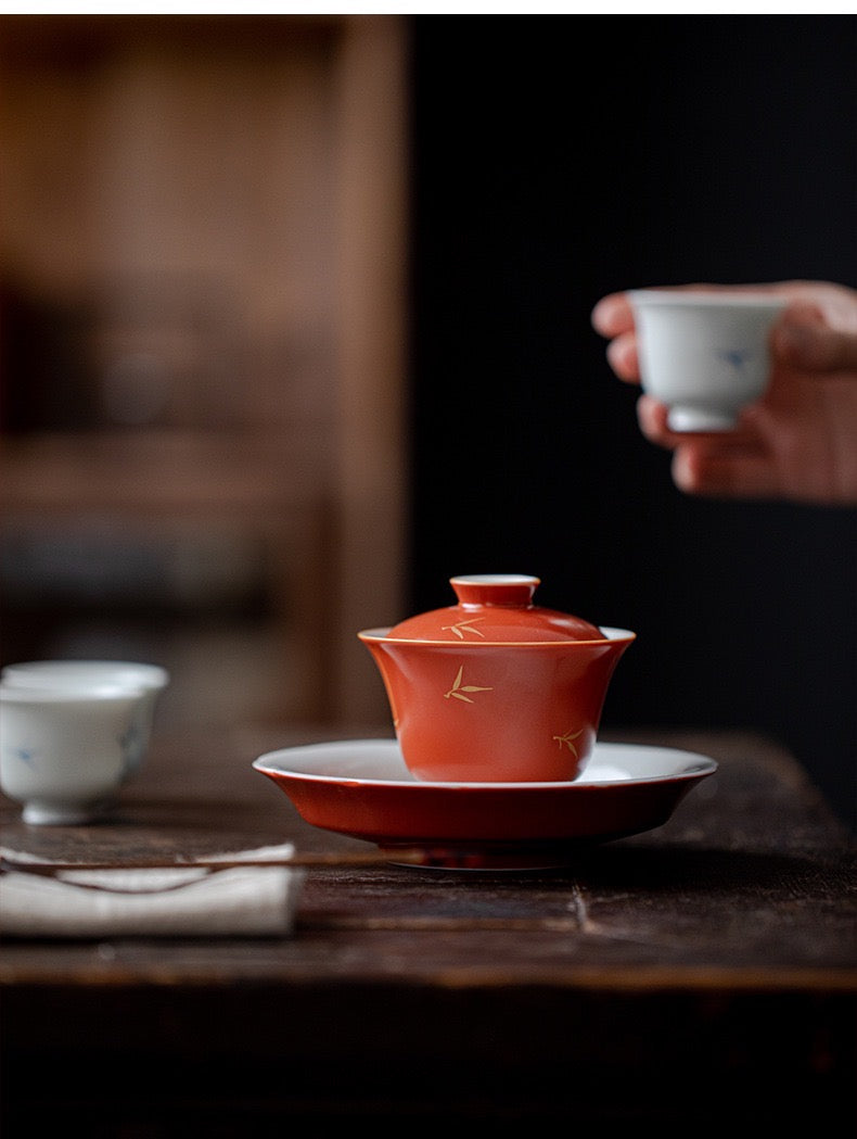 Handmade Red Color with Golden Painting Gaiwan 110ml