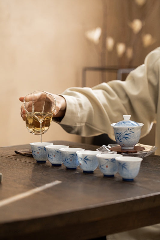 Gift box full set of hand-painted tea sets, blue and flower ink dyeing Bamboo