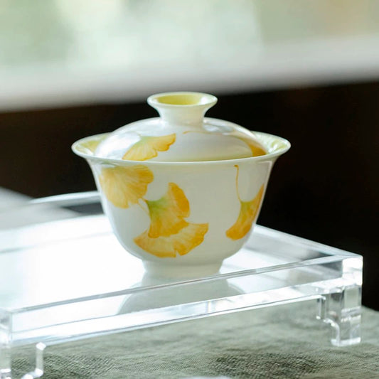 Hand-painted Ginkgo Leaf Ceramic Lidded Gongfu Tea Bowl Gaiwan 130ml