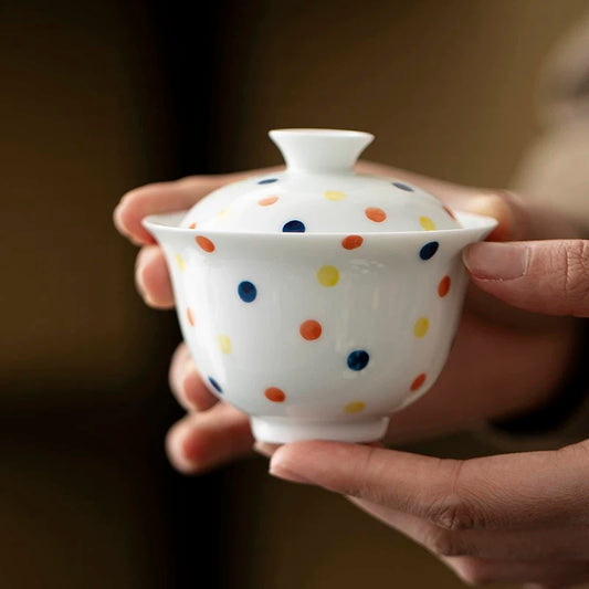 Jade Clay White Porcelain Hand-Painted Polka Dot Ceramic Lidded Tea Bowl 120ml Gaiwan