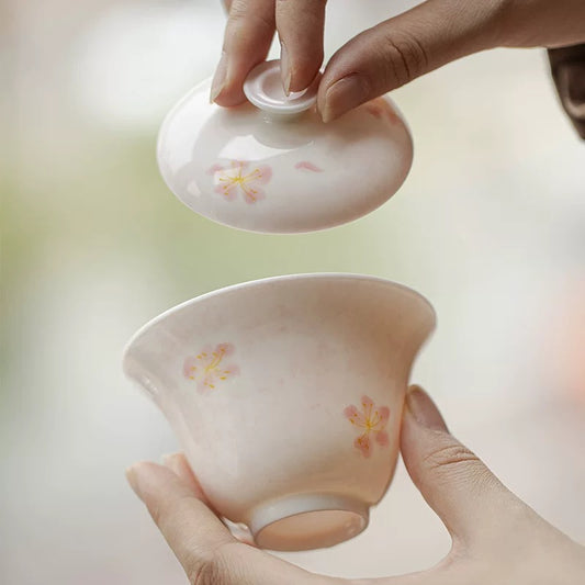 Hand-painted Cherry Blossom Ceramic Lidded Gongfu Tea Bowl 110ml Gaiwan