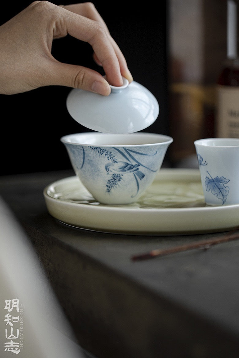 Covered bowl, hand-painted flower and bird pottery Gaiwan 120ml